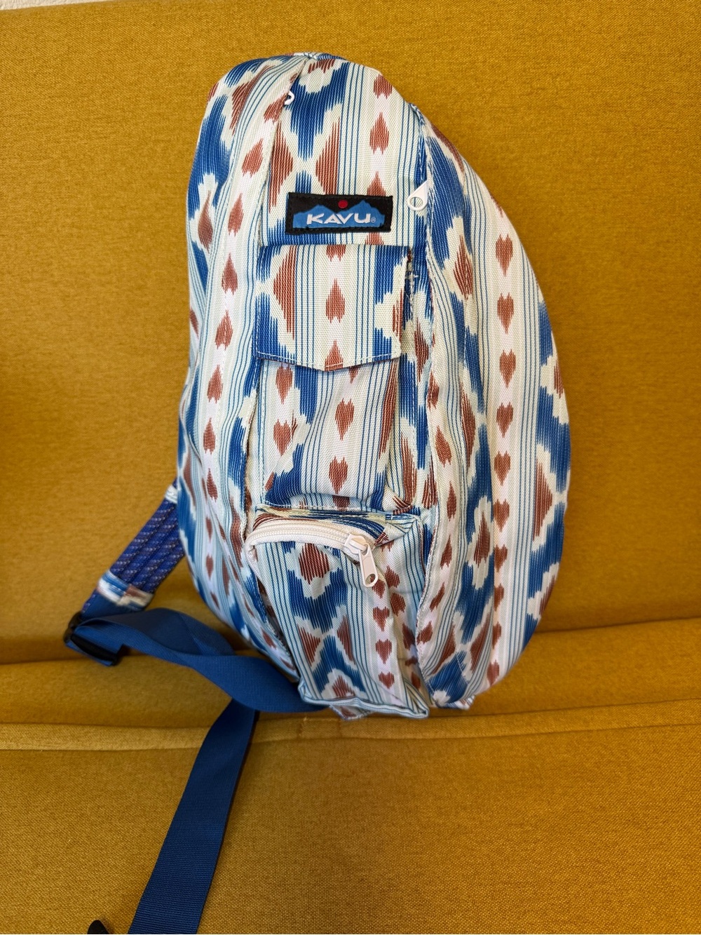 KAVU Rope Sling Backpack Blue Brown Ikat Crossbody Travel Hiking Bag